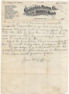conestoga paper bags lancaster pa letterhead 1913