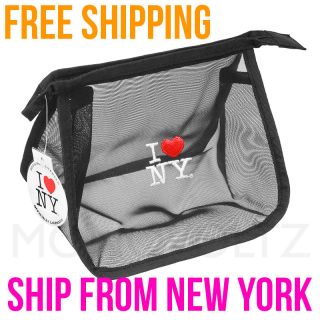 Love NY Mesh Cosmetic Makeup Hand Bag Transparent Case Clutch Black