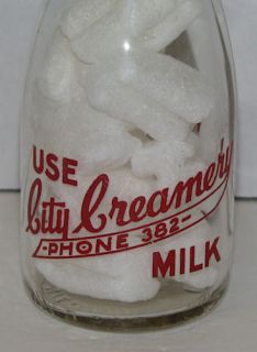 Vintage Glass City Creamery Phone 382 Milk Bottle Half Pint