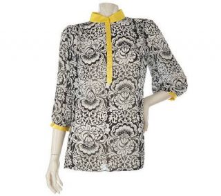 Susan Graver Printed 3/4 Sleeve Blouse with Contrast Trim —