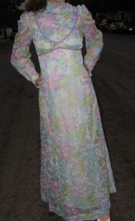 70s Victorian French Cotillion Sheer Chiffon Dress Gown