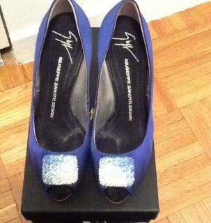 Giuseppe Zanotti Gorgeous Blue Satin Swavorski Crystal Peep Toe Pumps