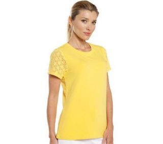 Isaac Mizrahi Live Crew Neck Top with Lace Sleeve Detail —