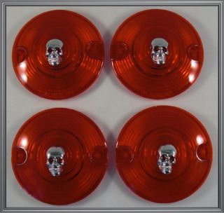 Red Lenses w Chrome Skulls for Harley Turn Signal Running Light