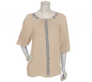 Bob Mackies Georgette Drape Front Blouse with Embroidery —