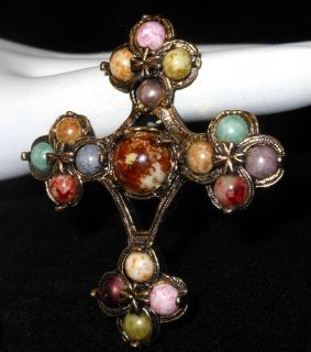 Vintage Christian Cross Brooch Pin w Art Glass Stones Very Nice