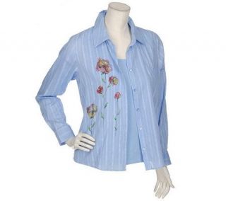 Denim & Co. Button Front Shirt w/Floral Print & Solid Stretch Tank