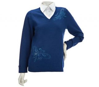 Quacker Factory Woven Collar Duet Sweater w/ Rhinestone Butterflies 
