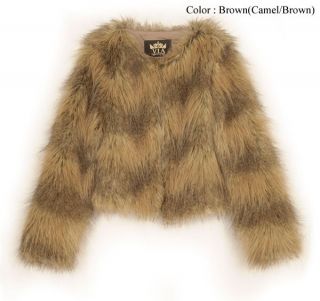 New Womens Two Tone Fuzzy Cropped Faux Fur Jacket Winter Coat