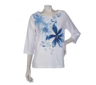 Susan Graver Stretch Cotton Floral Printed 3/4 Sleeve Top w/Gem 