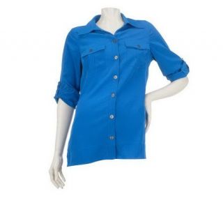 Susan Graver Woven Button Front Shirt with Roll Tab Sleeves — 