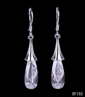  Sterling Silver WaterDrop White Crystal Charms Earring Eardrop SF152