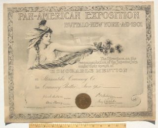 1901 Pan Am Award Certificate Skaneateles Creamery NY