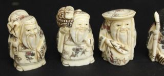 Japan Netsuke Ox Bone Carvings Antique Seven Oriental Gods Very RARE