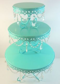 Set of 3 Teal Blue Jeweled Cake Cupcake Stand Wedding Shower Opulent