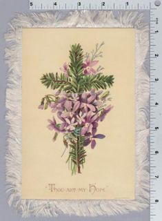 Prang Easter Card Cross w Violets Silk Fringe Vintage 1882