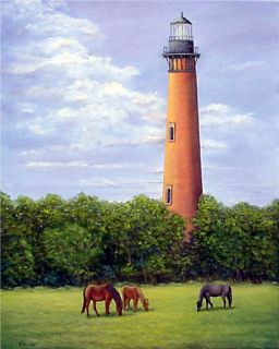 Original Currituck Lighthouse Wild Horses Outer Banks Oil Painting