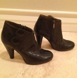 CYNTHIA VINCENT Black Croc Embosed Leather High Heel Ankle Shoe Bootie