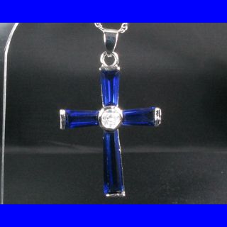 Fashion Jewelry Gift Cross Cut Blue Sapphire White Gold GP Pendant
