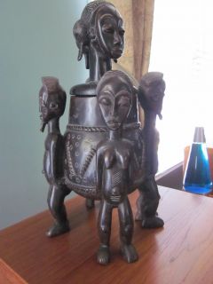African Carved Wood Medicine Bowl and 2 Ceremonial Totem Poles