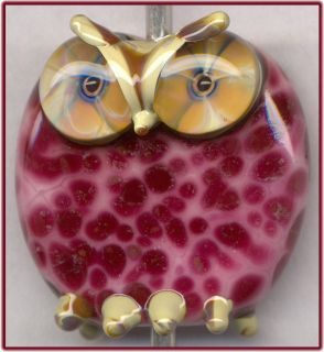 Cranberry Pink Owl Focal Handmade Artisan Glass Bead Pendant