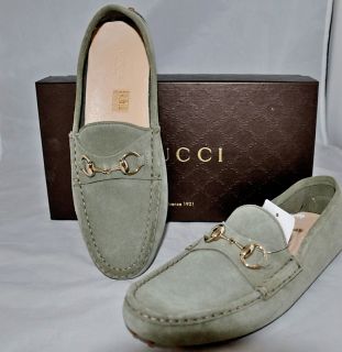 Gucci Green Suede Driver Moccasins Damo Horsebit Loafers Flats New 39