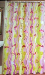 NEW! PEACE LOVE SHOWER CURTAIN Fabric Smiley Face Pink Yellow Flowers