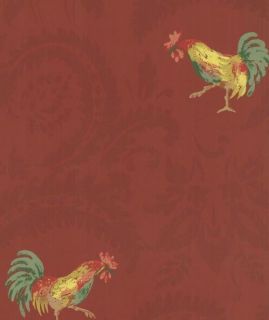ROOSTERS ON DAMASK BURGUNDY Wallpaper Country French Farmhouse