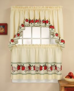 Country Apples 3pc Ivory Window Curtain Tier Set 24 In