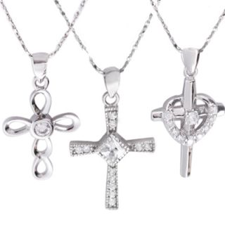 Variety of CZ Cross Pendants on Silver Chain Necklace