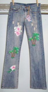 Sz 26 Western Denim Bank Embroidered Jeans Boot Cut Distressed Whisker