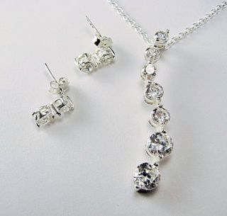 925 Sterling Silver White CZ Stones Journey Necklace and Earrings Set