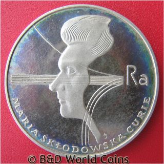  100 ZLOTYCH SILVER PROOF POLISH MARIE CURIE PHYSICIST SCIENTIST 32mm