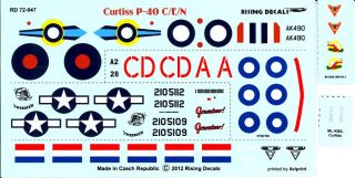 Rising Decals 1/72 CURTISS P 40C P 40E & P 40N WARHAWK Fighters