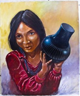 on Canvas Indian Girl Holding Black Pot B Daniel Yazzie Navajo
