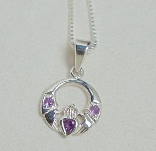 Sterling Silver Claddagh Amethyst CZ 14 Necklace PD8