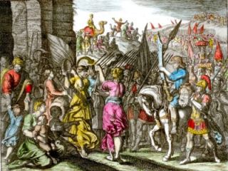 Royaumonts Hand Colored Woodcut 1687 Davids Triumph