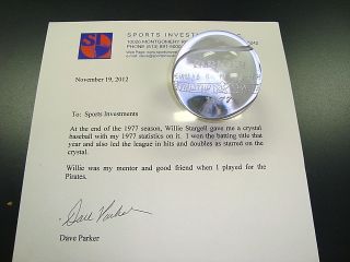 1977 Dave Parker Crystal Baseball Award from Willie Stargell w Stars