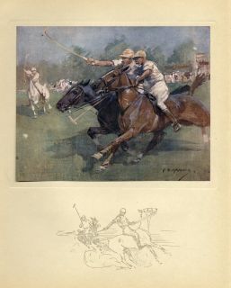 Polo Horses Playing A Game of Polo Antique Color Print Mallets Ball