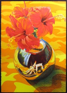 Darrell Hill Hibiscus Hand Signed Artwork Flowers Vase Reflection
