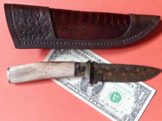 Herb Derr Custom Handmade Knife Damascus Steel with Ostrich Insert