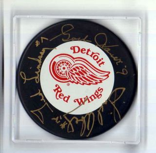  Lindsay Sid Abel Signed Detroit Red Wings Production Line Puck