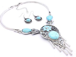 Reconstructed Turquoise Chunky Necklace Earrings Set