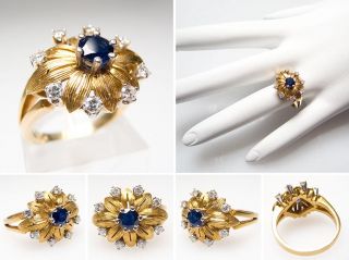 Vintage Blue Sapphire & Diamond Ring Flower Motif Solid 18K Gold