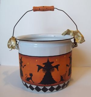  Vintage Enamel Halloween Metal Bucket OOAK Witches by Demy HP