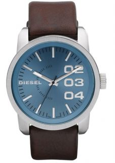  Mens Diesel Watch Brown Genuine Leather Strap Blue Dial Wrist Watch