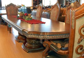 Piece Ornate Carved Dining Table and Upholstered Dining Chair Set