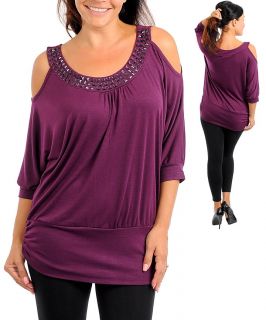 Womans Plus Size Purple Top with Cut Out Sleeves and Stone Acc
