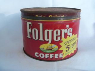Vintage Folgers 5 Cents Off Coffee 1 lb Can Key Wind Tin w Original