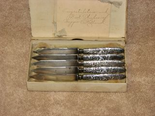 Antique Set of 5 Silver Plate Fruit or Cheese Knives Orig. Box